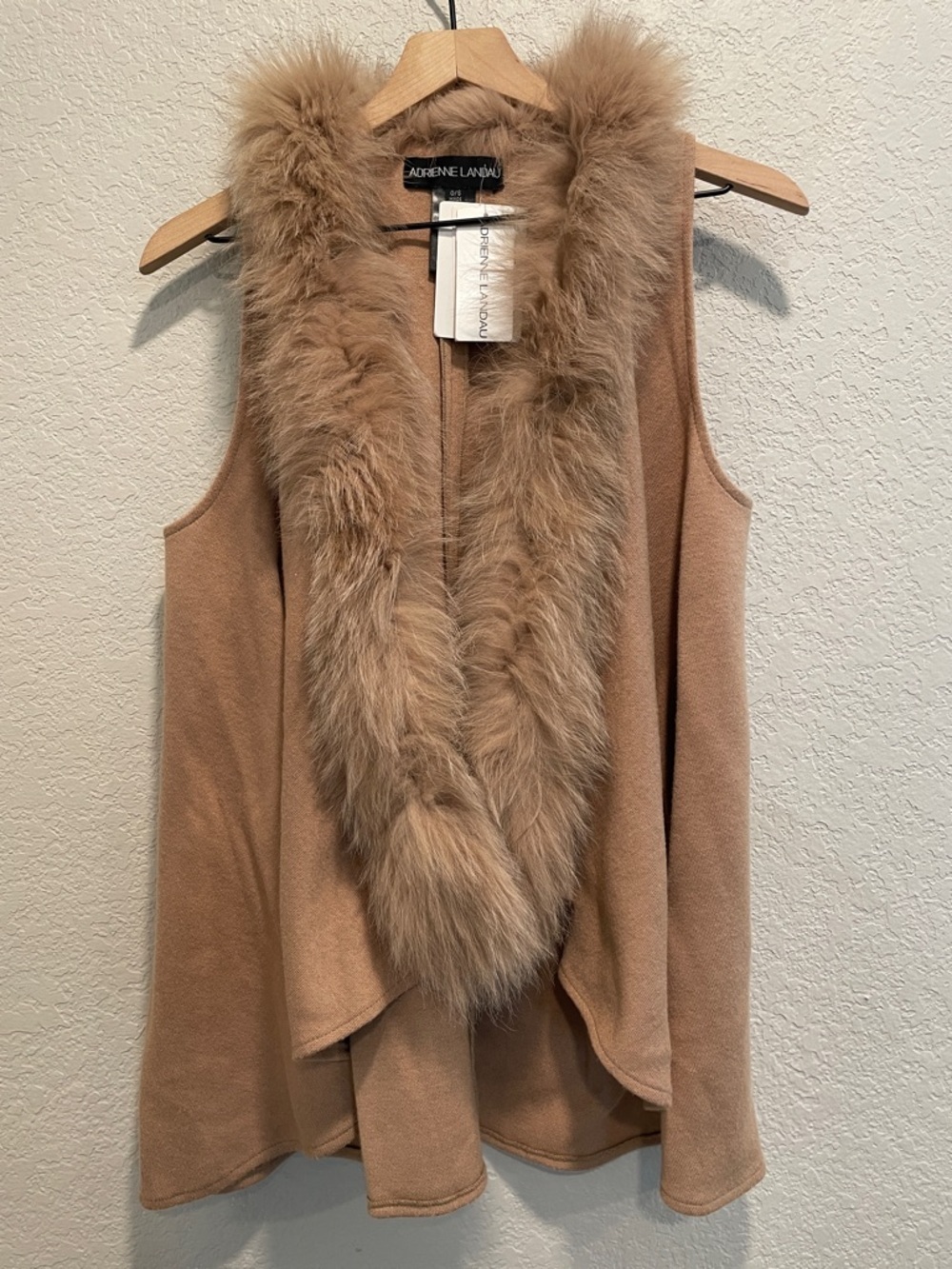 Adrienne Landau Real Fox Fur Trim Vest Tan Suede Knit NWT Luxe Layer OS